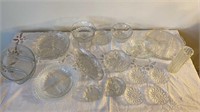 Glass serving trays, ashtrays, vase, candy dishes