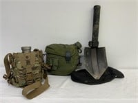 2 canteens with covers and a survival shovel with