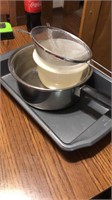 Cake pan, flour sifter, bowl and pan