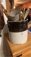 2 gallon crock with vintage kitchen utensils