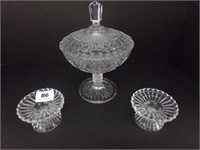 Press Glass Covered Candy Dish & Candle Holders