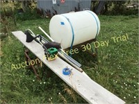gas weed eater, spray tank on stand, misc