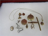 Victorian jewelry gold filled, watch keys, cameo.