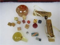 Vintage dice and game pieces.