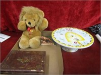 Bee hive cake plate, lions club figure, wood box.