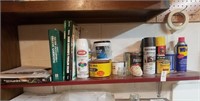 Shelf lots of gardening books, misc paints,