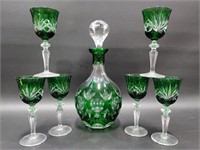 Green Crystal Cut to Clear Decanter & Stems