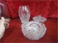 Lead crystal vase , bowl w/lid.