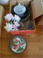 Box lot of Christmas tin, 2 candle holders, faux