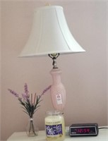 Pink glass lamp, Spartis alarm clock, Yankee
