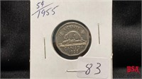 1955 5 cent Canadian coin