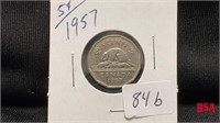 1957, 5 cent Canadian coin