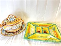 Handpainted Soup Tureen, Platter, and Tray