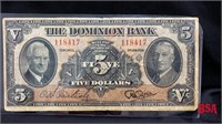 1938 the Dominion Bank $5 bill