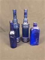 Set of 4 Cobalt Blue Glass Bottles Various Sizes