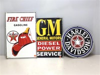 Harley Davidson, GM, and Texaco metal signs