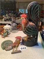 Large Wooden Rooster and Ceramic Rooster