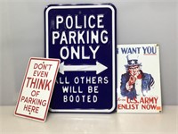 Police parking, US Army, and more metal signs