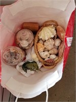 Bag of sea shells and glass/ wicker containers
