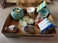 Box lot of birdhouses, candle holders, ceramic