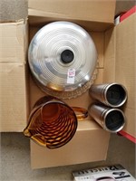 Box lot of Cake tin and dish, Pitcher and 2
