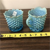 Blue Hobnail  with Gold Trim Creamer and Sugar Bow
