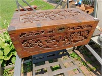 wooden chest w/ornately carved w/birds