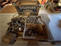 Table lot-barrel spigots, Stauffer's wood box,