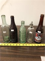 5 Glass Bottles- Black Kow, Coca Cola, Green, Clea