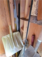 Tool lot sledge hammer, axe, stakes Shovel, pick,