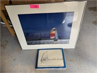 FRAMED SAILBOAT PRINT AND 1970S BOOK