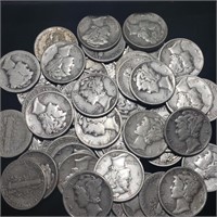 Roll of 50 Mercury Dimes - 90% Silver