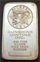 5 Ounce .999 Silver Eagle Bar Sunshine Minting