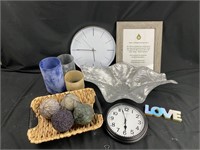 Heavy Glass Bowl, Clocks, Candle Holder, Basket