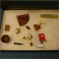 Display Case of Wood Turnings, Copper Tags Etc.