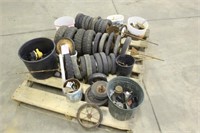 Assorted Small Wheels & Buckets of Hardware Items