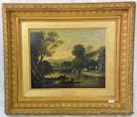 19th Century Oil Painting on Board Cattle Watering