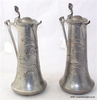 Pair of WMF Style Art Nouveau Pewter Wine Flagons