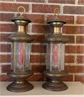Pair of Brass Lantern Candle Stick Holders 19”