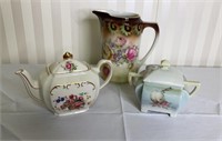 Porcelain hand painted sugar dish, teapot& pitcher
