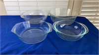 Anchor Hocking Dish, 2 Pyrex Dishes & Marinex Dish