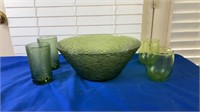 Green Glass Bowl, Pair of Green Wine Glasses