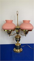 Double brass lamp with pink glass shades