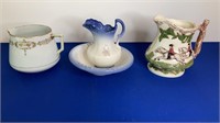 Porcelain chamber pot, mini pitcher w/ bowl, &