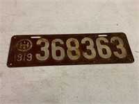 Ohio 1919 Metal License Plate, 4-3/4"x 14-3/4"