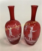 Pair Mary Gregory Cranberry Vases