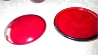 7 pieces red glass with 2 lids, chip on lid ,,