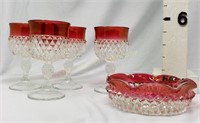Diamond Point Crystal w/Ruby Stain Goblets & Bowl
