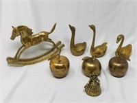 (8) Brass Items-(3) Bells, Swans, Rocking Horse &