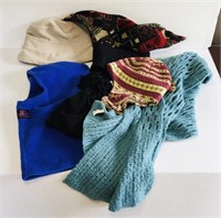 One scarf and various women’s hats.